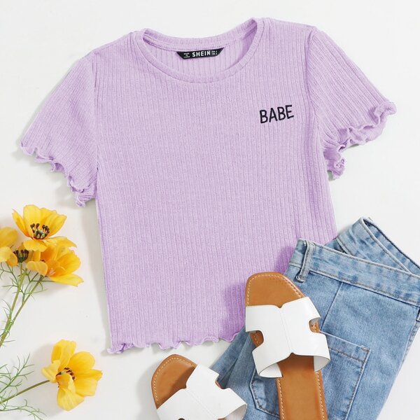 

Lettuce Trim Letter Embroidery Rib-knit Top, Lilac purple
