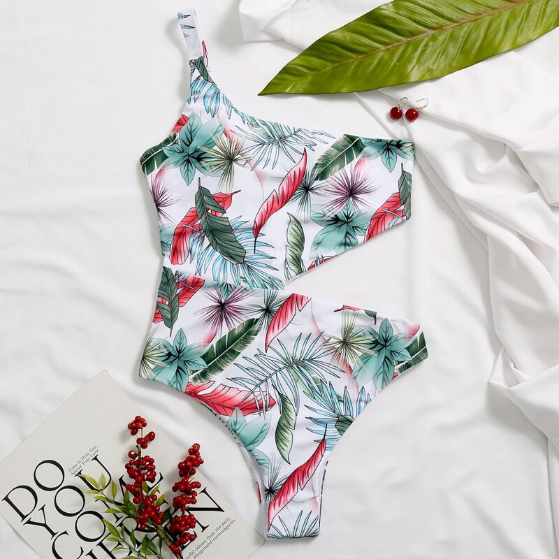 

Tropical Cut-out One Shoulder One Piece Swimsuit, Multicolor