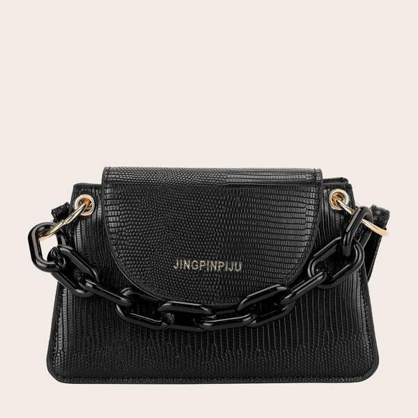 

Girls Lizard Flap Chain Satchel Bag, Black
