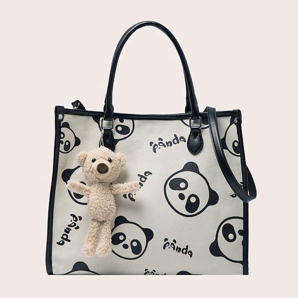 

Cartoon Panda Graphic Tote Bag, White