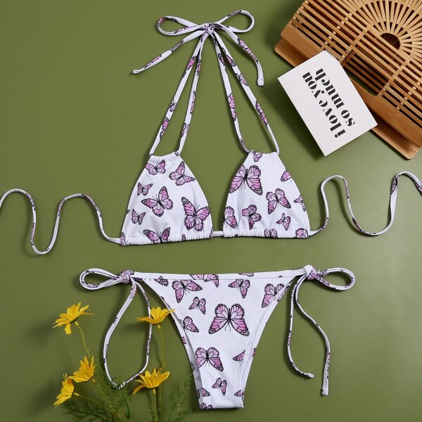 

Butterfly Print Halter Tie Side Bikini Swimsuit, White