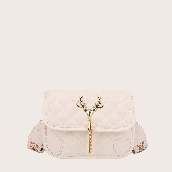 

Tassel Decor Quilted Flap Crossbody Bag, Beige