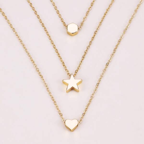 

3pcs Heart & Star Charm Necklace, Gold
