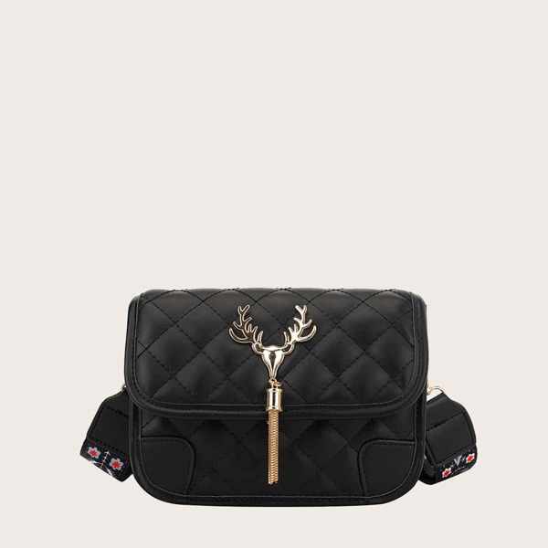 

Tassel Decor Quilted Flap Crossbody Bag, Black