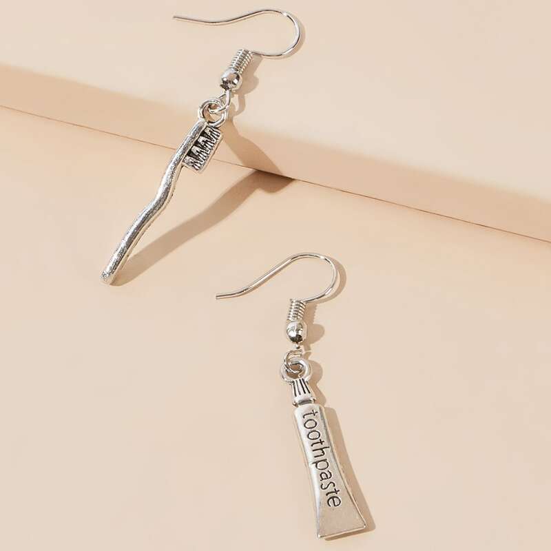 

Toothbrush Mismatched Drop Earrings, Silver
