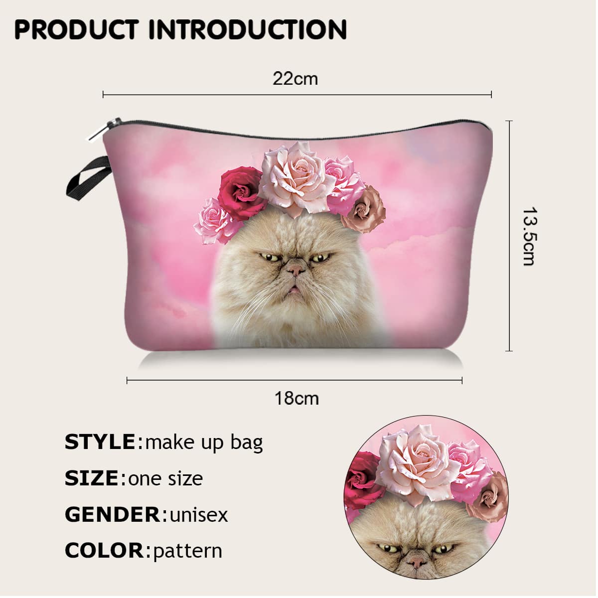 

1pc Cat Print Makeup Bag, Pink