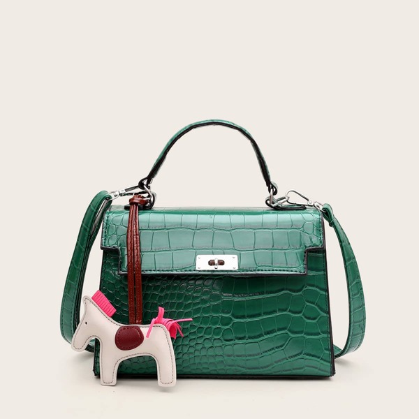 

Croc Embossed Flap Satchel Bag, Green