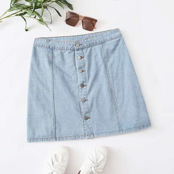 

Plus Button Fly Denim Skirt, Light wash