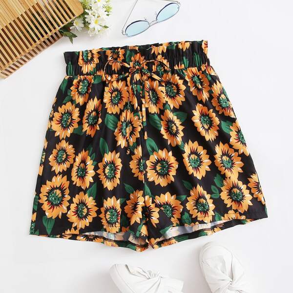 

Plus Allover Floral Paperbag Drawstring Shorts, Black