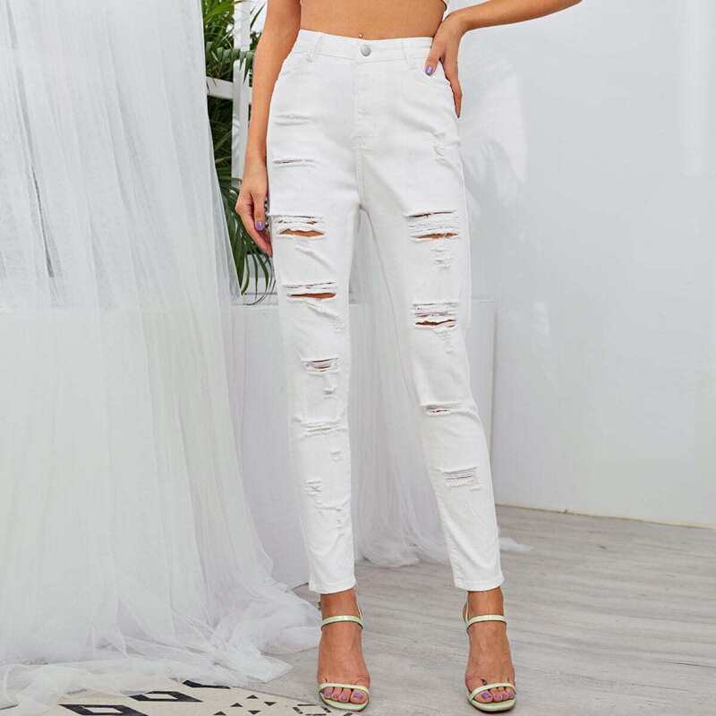 

High Waist Ripped Detail Jeans, White