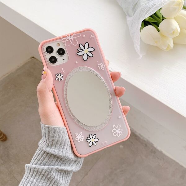 

1pc Flower Print iPhone Case With Mirror, Pink