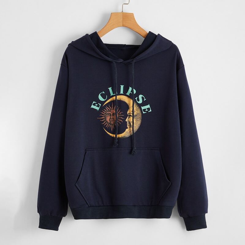 

Letter Graphic Pocket Detail Hooded Sweatshirt, Navy blue