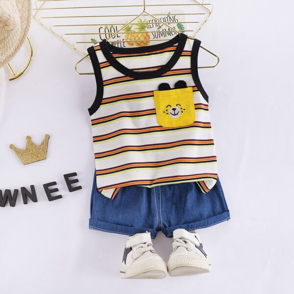 

Toddler Boys Striped Embroidery Pocket Tank Top & Denim Shorts, Multicolor