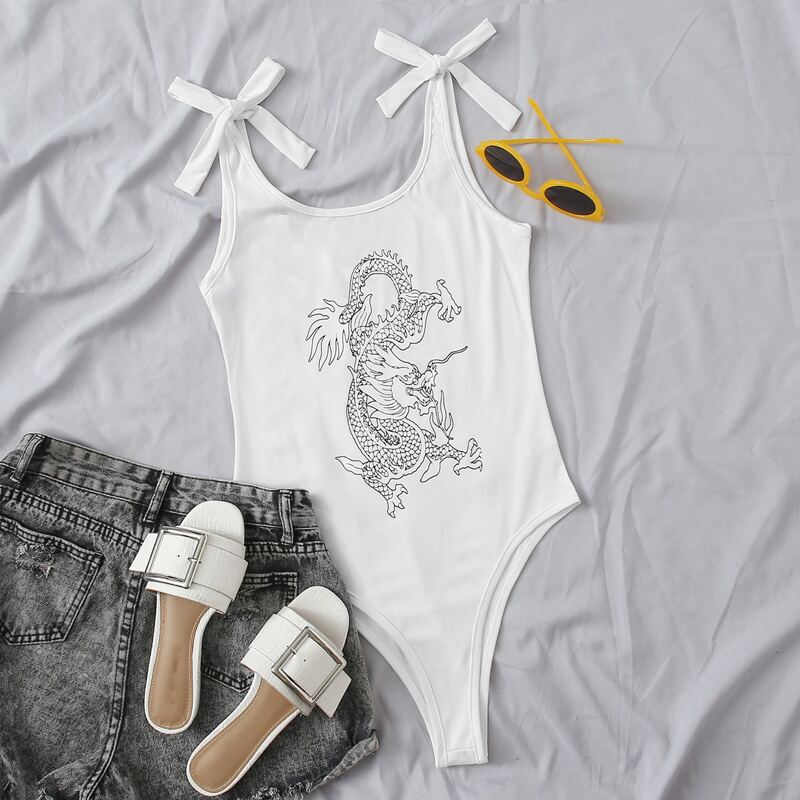 

Dragon Print Tie Shoulder Tank Bodysuit, White