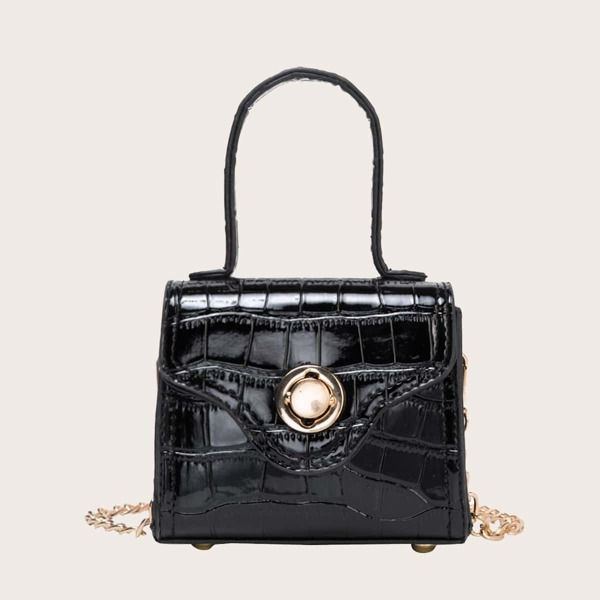 

Mini Croc Embossed Flap Satchel Bag, Black
