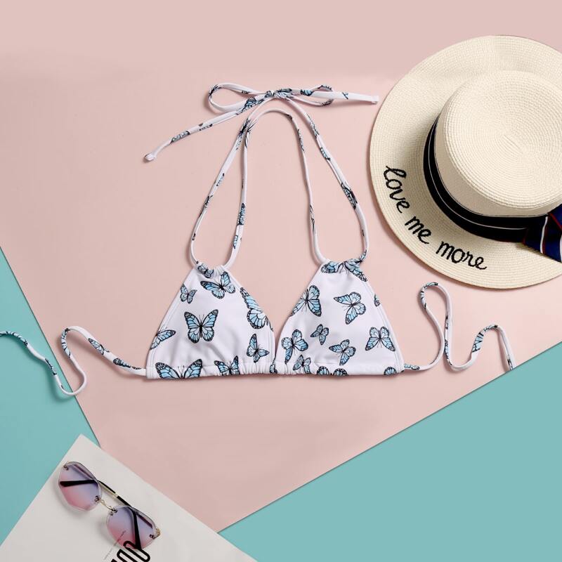 

Butterfly Print Halter Triangle Bikini Top, White