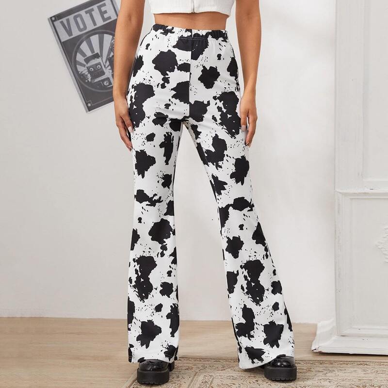 

Elastic Waist Cow Print Flare Leg Pants, Black and white
