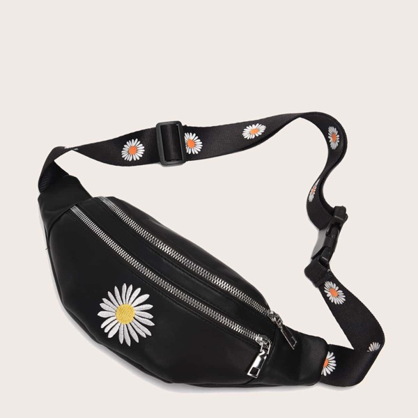 

Daisy Floral Embroidery Fanny Pack, Black