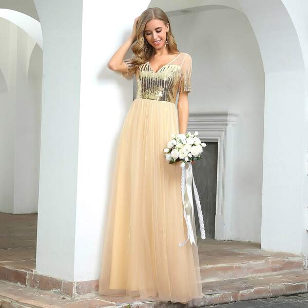 

Contrast Sequin Mesh Dress, Champagne