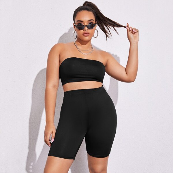 

Plus Solid Bandeau Top & Biker Shorts Set, Black