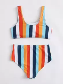 SHEIN Swim Set Bikini A Vita Alta A Righe Colorate Da Spiaggia Estiva