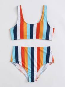 SHEIN Swim Set Bikini A Vita Alta A Righe Colorate Da Spiaggia Estiva