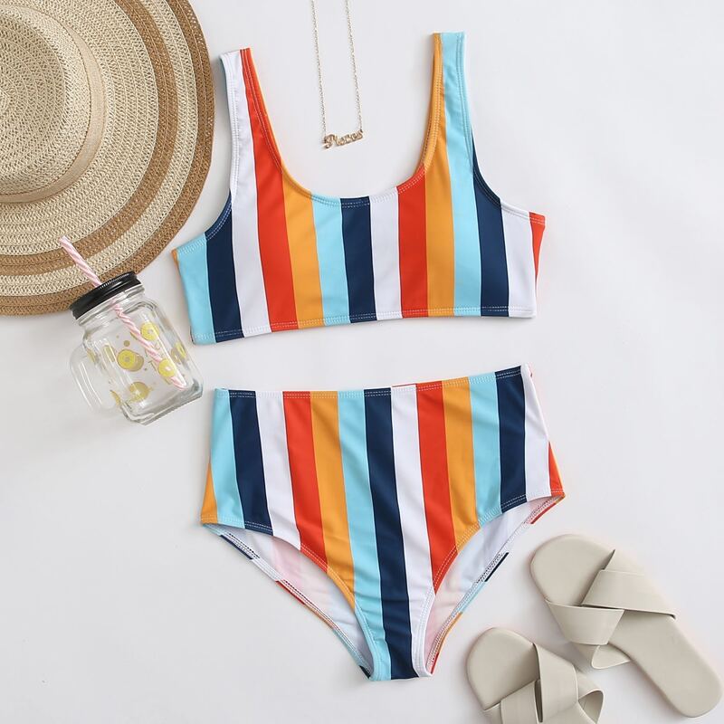 

Colorful Striped High Waisted Bikini Swimsuit, Multicolor