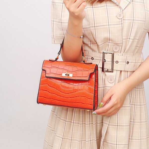 

Croc Embossed Flap Satchel Bag, Orange