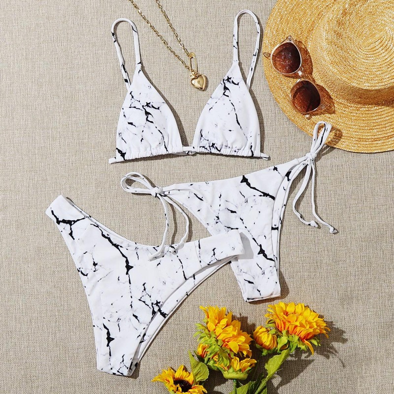 

3pack Marble Pattern Triangle Tie Side Bikini Swimsuit, White