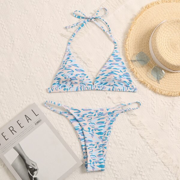 

Allover Graphic Triangle Halter Thong Bikini Swimsuit, Multicolor