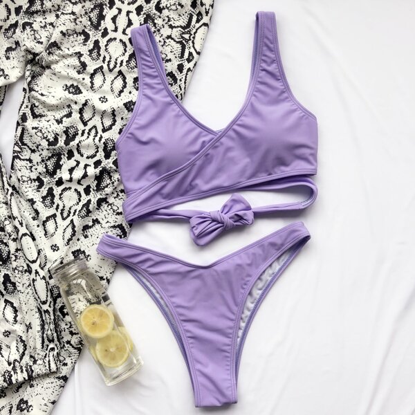

Crisscross Wrap Tie Back High Cut Bikini Swimsuit, Violet purple