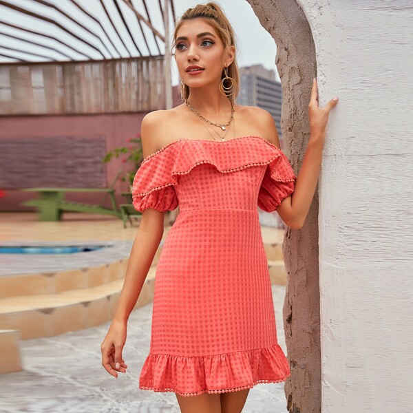 

Off Shoulder Guipure Lace Trim Plaid Dress, Bright watermelon pink
