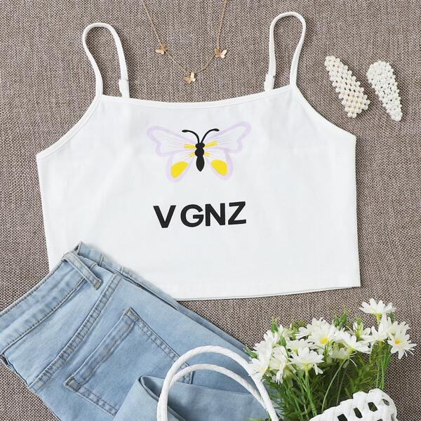 

Letter And Butterfly Graphic Cami Top, White