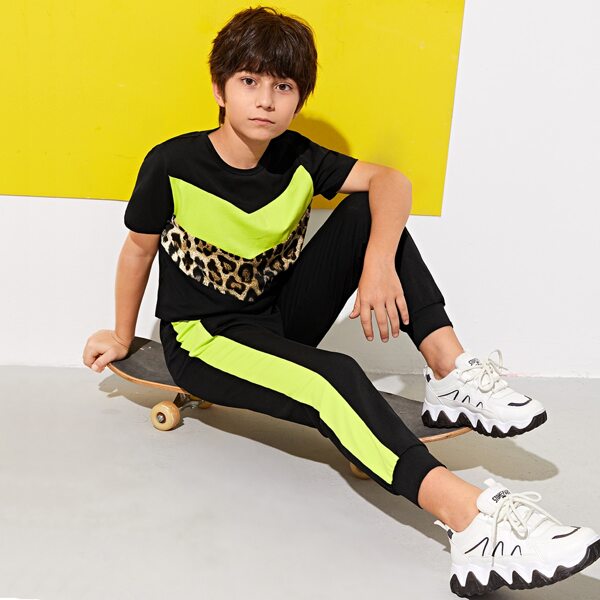 

Boys Colorblock Leopard Panel Top & Pants Set, Black