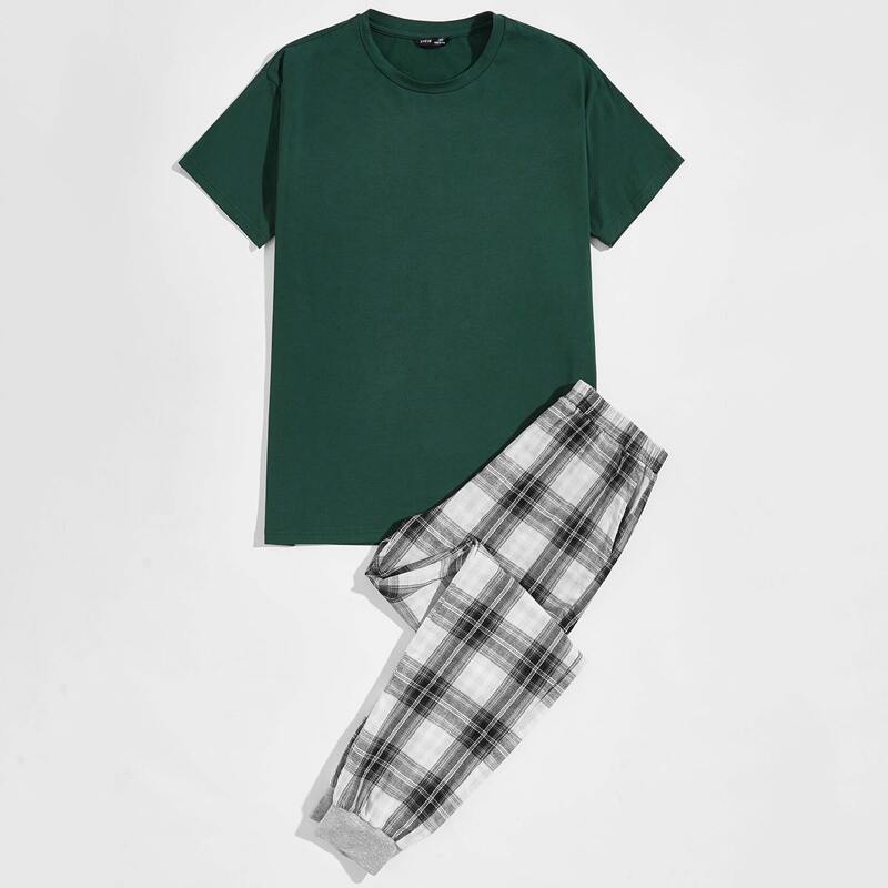 

Guys Solid Top & Plaid Pants PJ Set, Multicolor