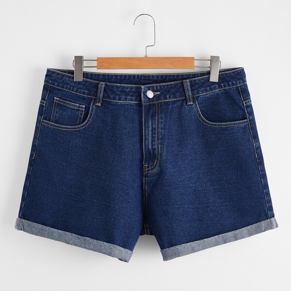 

Plus Roll Up Hem Denim Shorts, Dark wash