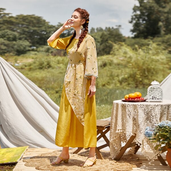 

Floral Embroidered Mesh Panel Dress, Mustard yellow