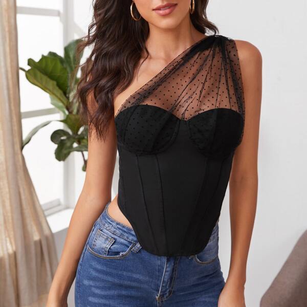 

Dot Mesh One Shoulder Crop Bustier Top, Black