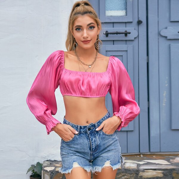

Square Neck Ruched Bust Satin Top, Hot pink