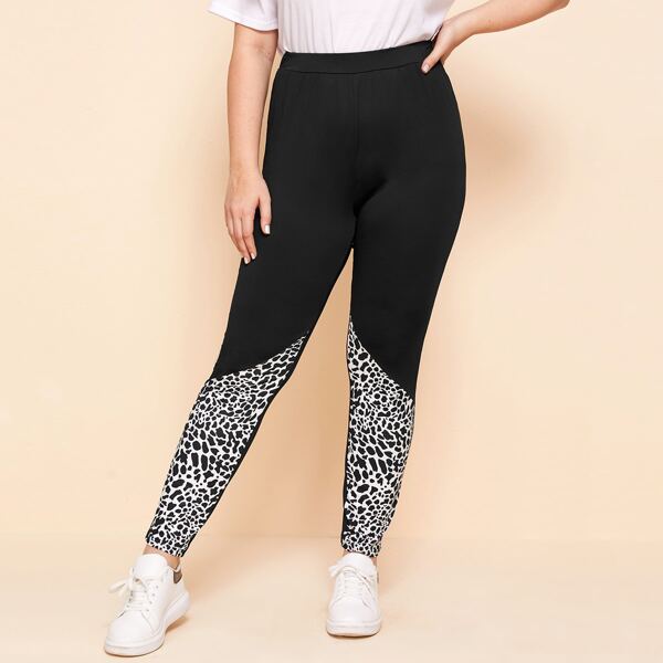 

Plus Dalmatian Print Colorblock Leggings, Black