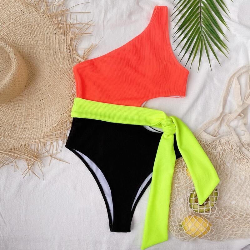 

Two Tone Rib One Shoulder One Piece Swimsuit, Multicolor