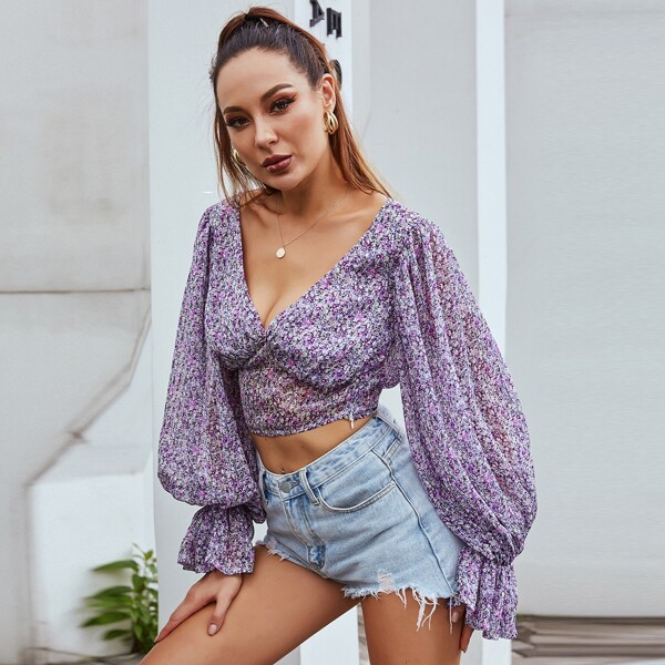 

DKRX Flounce Sleeve Ditsy Floral Print Crop Top, Violet purple