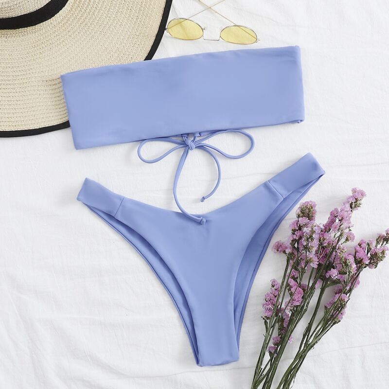 

Lace-up Back Bandeau High Cut Bikini Swimsuit, Pastel baby blue
