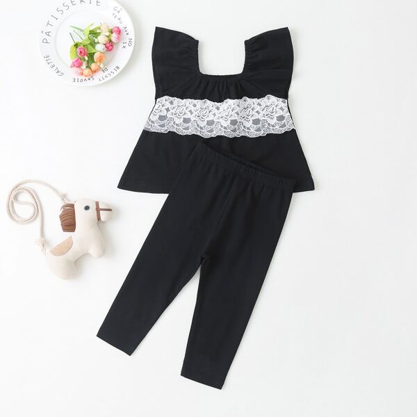 

Baby Girl Lace Panel Top With Leggings, Black