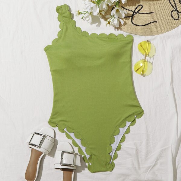 

Scallop Trim Rib One Shoulder One Piece Swimsuit, Green