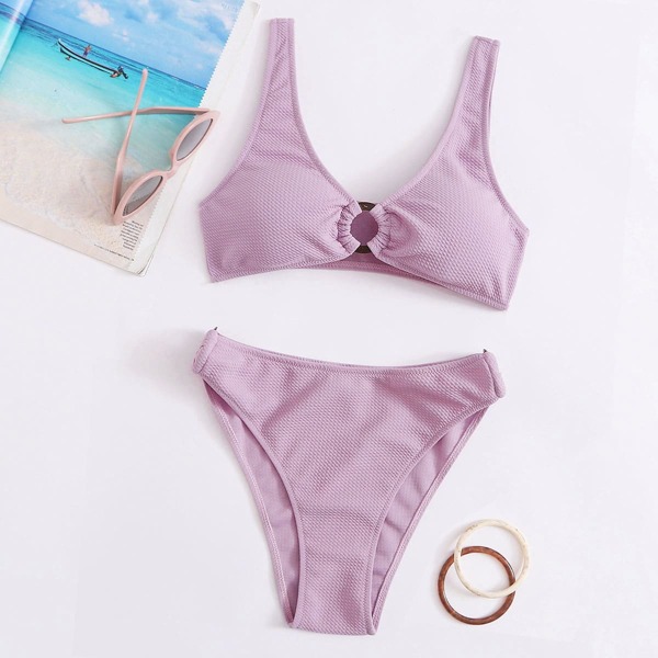 

Textured Ring Linked High Waisted Bikini Swimsuit, Pastel lilac purple