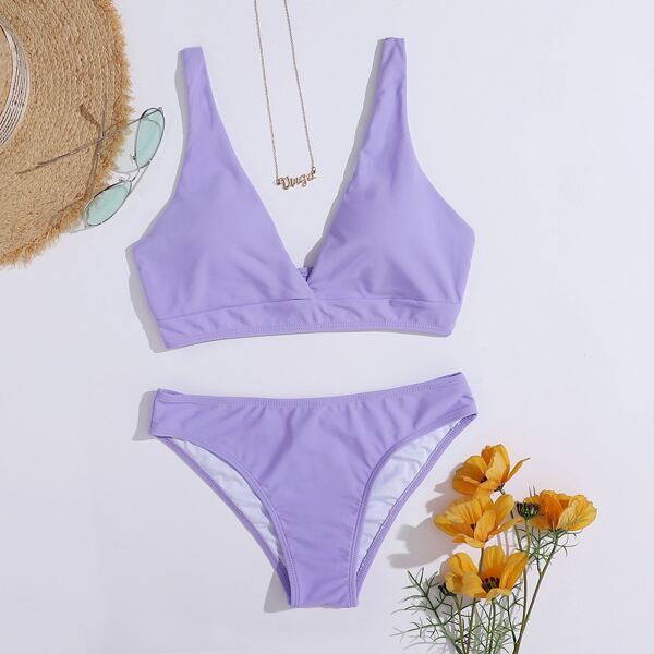 

Solid V-neck Bikini Swimsuit, Pastel lilac purple