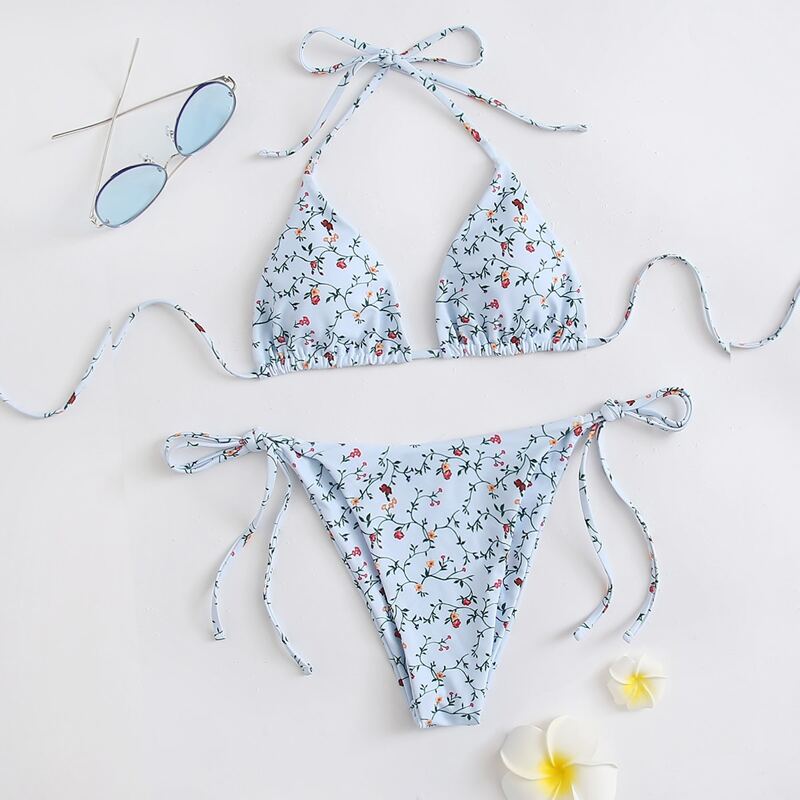 

Ditsy Floral Triangle Halter Tie Side Bikini Swimsuit, Pastel baby blue