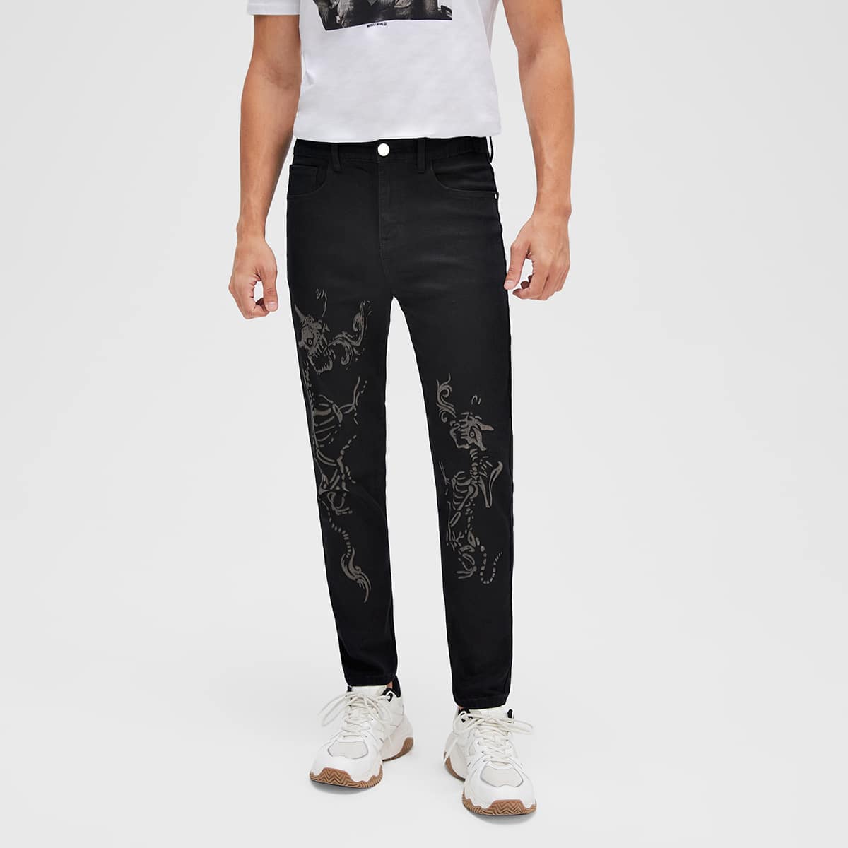 

Guys Skeleton Print Slant Pocket Jeans, Black