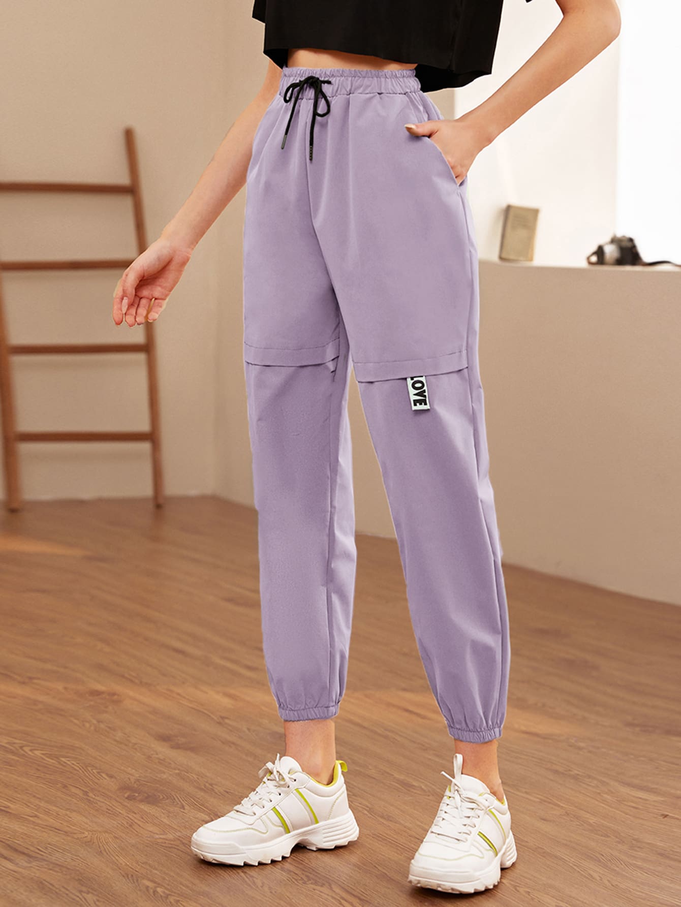 Mulvari Letter Tape Drawstring Waist Carrot Trousers - Lilac Purple - View 1